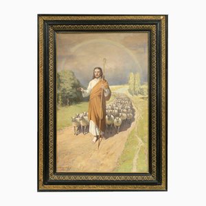Motivo religioso de Jesucristo y ovejas, óleo sobre lienzo, años 40