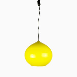 Lampe à Suspension en Verre Murano Incamiciato Jaune et Blanc par A. Pianon pour Vistosi, 1960s