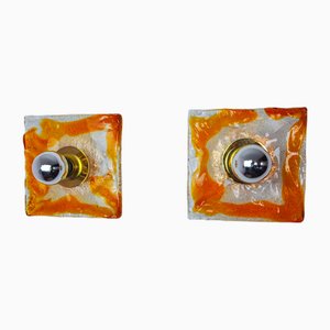 Lámparas de pared cuadradas de vidrio esmerilado naranja de Mazzega, Italia, 1970. Juego de 2