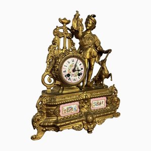 Horloge de Cheminée Victorienne Antique en Métal Doré et Porcelaine, France, 1860