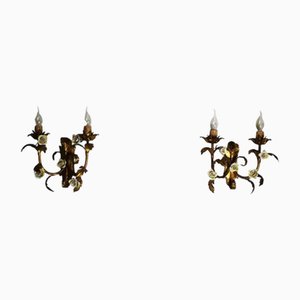 Golden Wall Lights and Porcelain Flowers, Set of 2