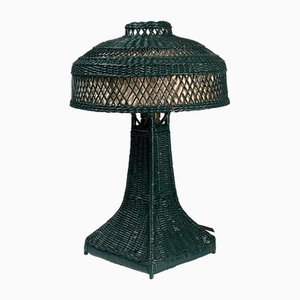 Art Deco Green Rattan Wicker Mushroom Eiffel Table Lamp, 1950s