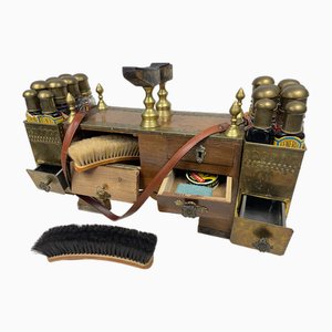 Antikes und tragbares Schuhputzset aus Holz & Messing, 1890er
