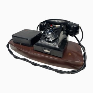 Telefono vintage in bachelite con base in legno, anni '30