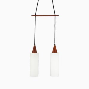Mid-Century Danish Tube Pendant Lights in Glass and Teak with Spacers, 1960s, Set of 2