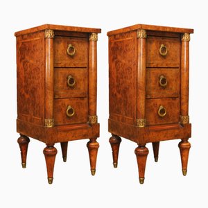 French Empire Figured Walnut Three Drawer Nightstands, 1890s, Set of 2