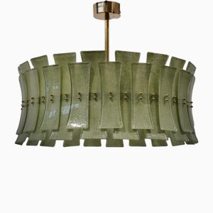 Mid-Century Murano Green Art Glass and Brass Round Chandelier