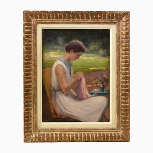 Henri-Charles Angéniol, Young Woman Sewing in the Garden, Oil on Wood, 20th Century, Framed