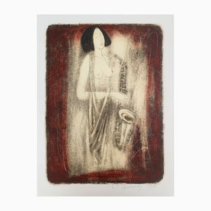 Sergei Timochow, Nude with a Saxophone, 2005, Mixed Media & Monotype on Paper