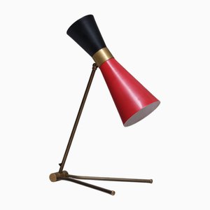 Verstellbare Messing Schreibtischlampe mit Diabolo Schirm in Schwarz & Rot von Stilnovo, Italien, 1950er