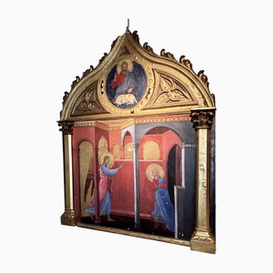 Artiste Italien, Annonciation Style Renaissance, Tempera sur Panneau de Bois Doré