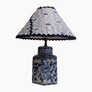 Vintage Table Lamp with Blue and White Porcelain Base and Handmade Fabric Shade from Lamplove, 1990s