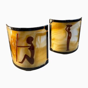 Italian Brown and Amber Murano Glass Square Wall Sconces, 1970s, Set of 2