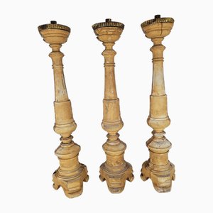 Large Early 19th Century Candleholders in Gold Color Wood, Set of 3