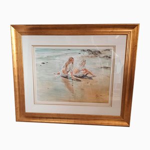 Gordon King, Strand, Großes Aquarell, Gerahmt