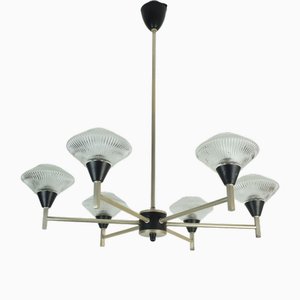 Mid-Century 6-Light Chandelier Pendant Light in Glass, Aluminum and Metal, 1960s