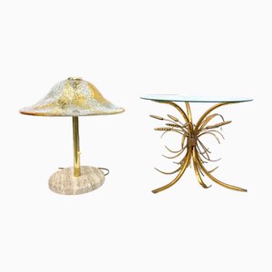Mushroom Table Lamp in Glass, Travertine, and Brass, 1970s