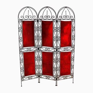 Paravent Orientaliste en Fer Forgé et Cuir Peint