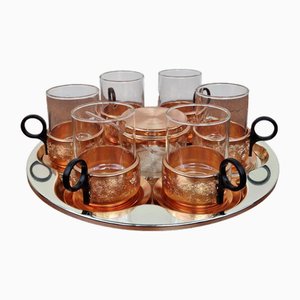 Service à Thé Mid-Century en Verre et Cuivre, Allemagne, 1960s, Set de 8