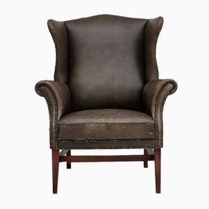 Fauteuil à Oreilles Vintage en Cuir et Hêtre, 1970s