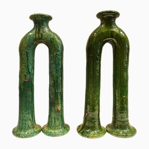 19th Century Morocco Green Ceramic Candleholders from Tamegroute, Set of 2