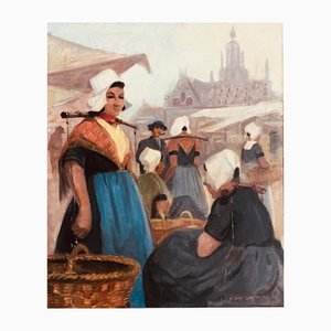 Bernard Leemker, Market Scene Middelburg, óleo sobre lienzo, años 50, enmarcado