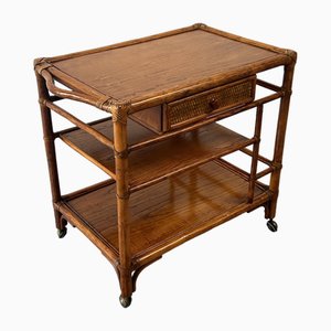 Chariot de Bar Vintage en Rotin et Cuir