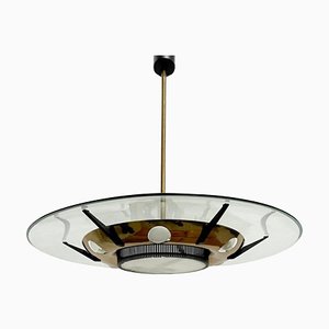 Lampada a sospensione in vetro e ottone di Stilnovo, Italia, anni '50