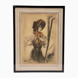 Armand Berton, Jeune homme avec un chapeau devant le miroir, 1800s, Eau-forte