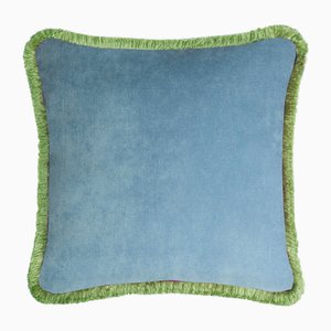 Happy Housse de Coussin en Velours Bleu Clair à Franges Vertes