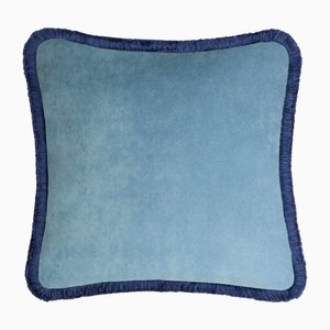 Happy Housse de Coussin en Velours Bleu Clair avec Franges Bleues