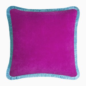 Happy Housse de Coussin en Velours Fuchsia à Franges Bleu Clair