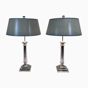 Large Empire Tuscan Silver Plated Column Table Lamps, France 1960s, Set of 2