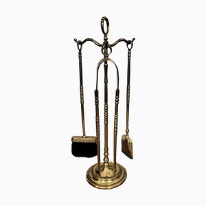 Vintage Italian Three-Pieces Brass Fireplace Fire Tool Set with Stand, 1980s