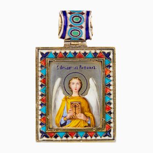 Late 19th Century Silver Icon of the Archangel Raphael in Painted and Cloisonné Enamels, Russian, 1890s