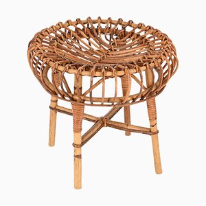 Mid-Century Rattan and Wicker Round Pouf Stool by Franco Albini, Italy, 1960s