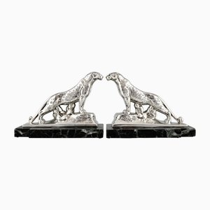 Versilberte Art Deco Panther Buchstützen von Maurice Frecourt, 1930, 2er Set