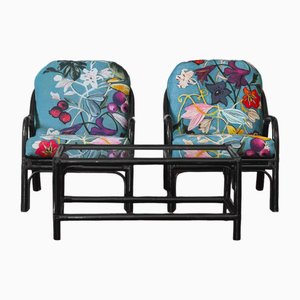 Living Room Set in Black Lacquered Bamboo with Dedar Fabric Cushions, 1970, Set of 4