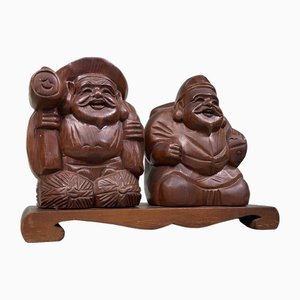 Hölzerne Gottheitsstatue von Ebisu und Daikoku, Japan, 1950er