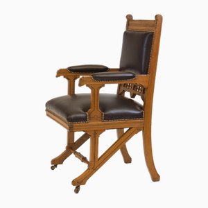 Gothic Revival Ash & Leather Armchair Desk, 1860s