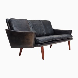 Dänisches 3-Sitzer Sofa aus Leder & Teakholz, 1970er