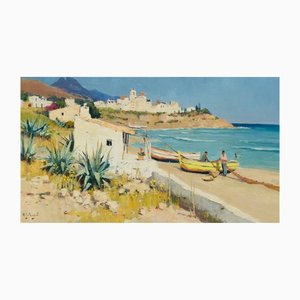 Arie Zwart, Vista de Benidorm con pescadores en la playa, óleo sobre lienzo, años 50