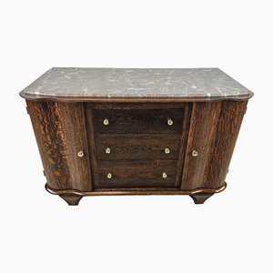 Antique Wooden Chest of Drawers with Red Veined Marble Top and Brass Knobs, 1950