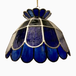 Grande Lampe à Suspension Arts and Crafts en Verre Plombé Bleu, 1920s