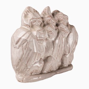 Sculpture Art Déco en Céramique Craquelée Vernie avec Trois Gorilles, 1940s