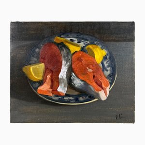 Still Life with Salmon Steaks on a Plate, Small Oil on Canvas, 2000s