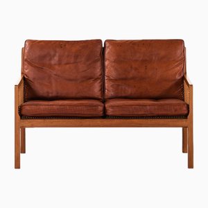 Sofa aus Nussholz, Rohrgeflecht und Original Leder, Bernt Petersen zugeschrieben, 1964