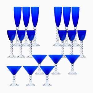 Deep Blue Baccarat Crystal Glasses, France, 1960, Set of 18