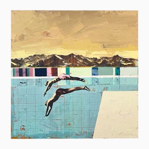 Dan Parry-Jones, Two Divers, Overcast Sky, Acrylic and Mixed Media on Board, 2024, Framed