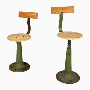 Set of Italian Industrial Stools with Height-Adjustable Metal and Wood by Necchi, 1920s